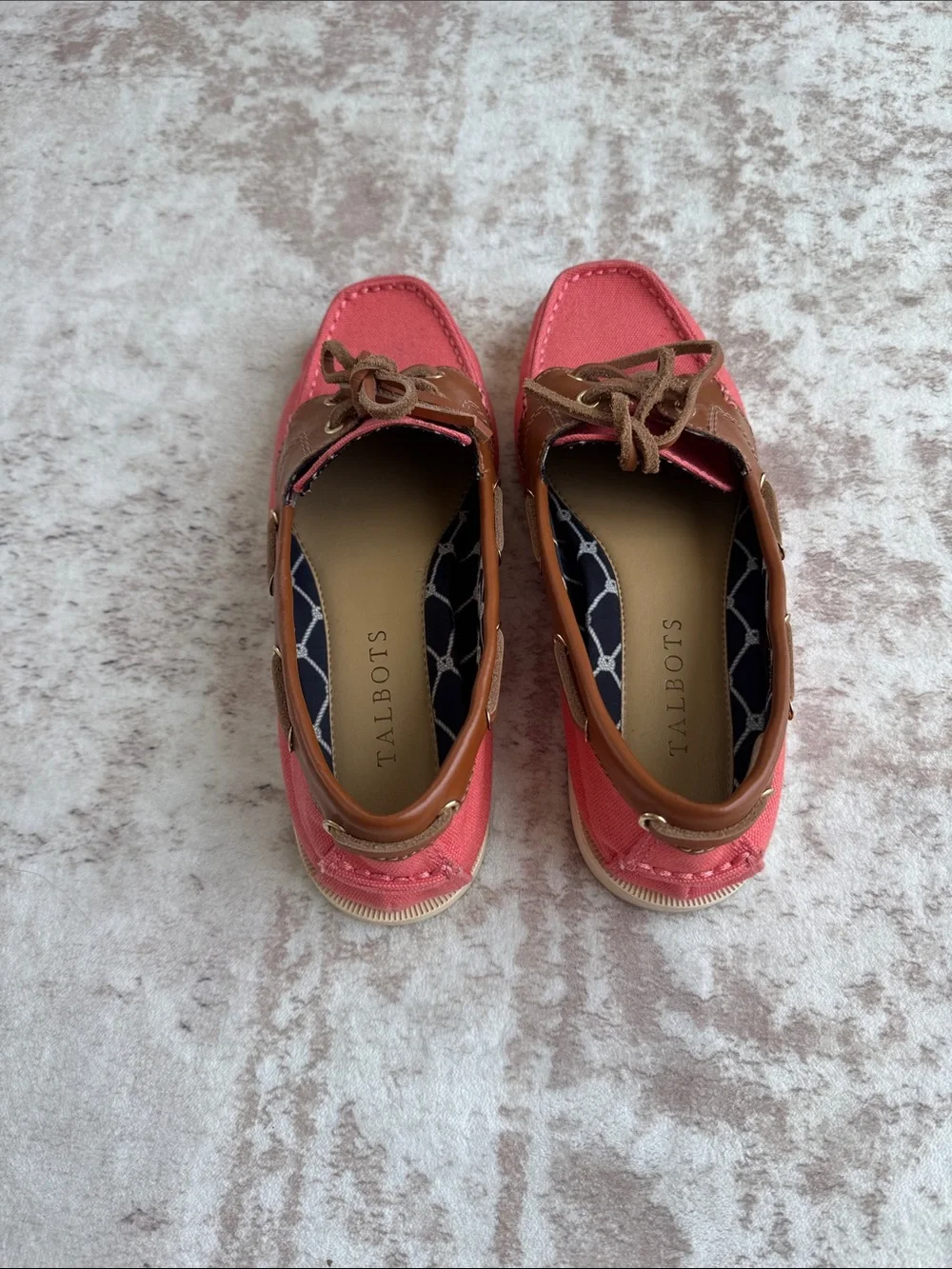 Talbot’s Slip-On Round Toe Drawstring Boat Shoes leather and coral